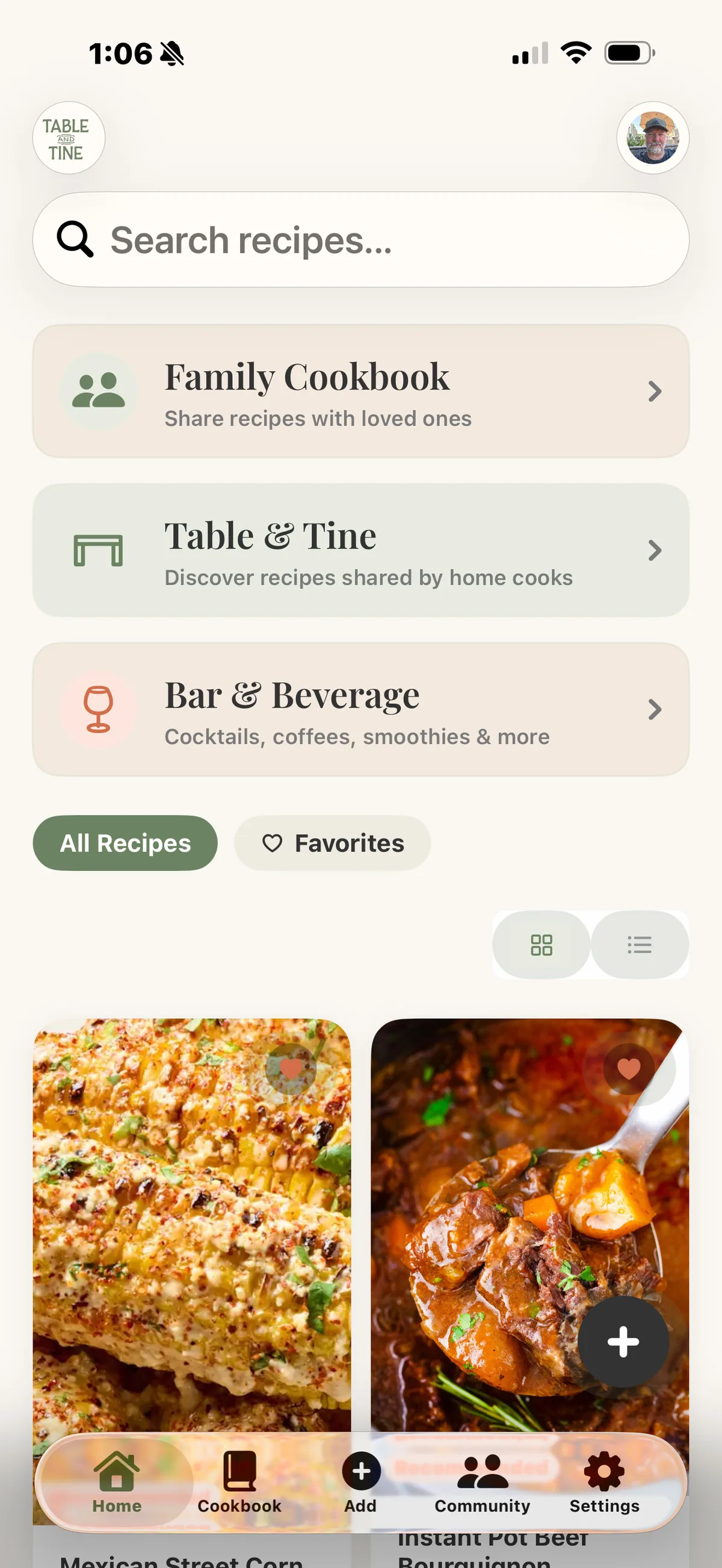 Table & Tine home screen: recipe search over Family Cookbook, Table & Tine and Bar & Beverage collections