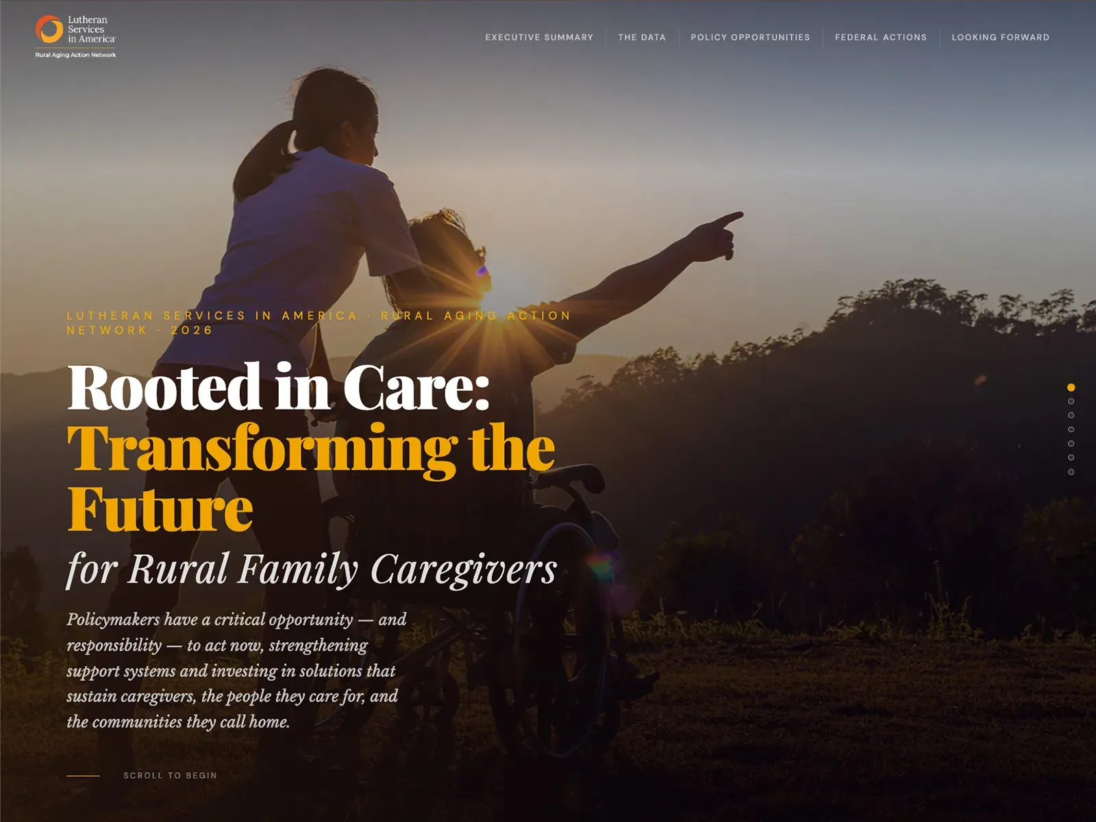 Rooted in Care opening screen: a caregiver and child silhouetted against a sunrise
